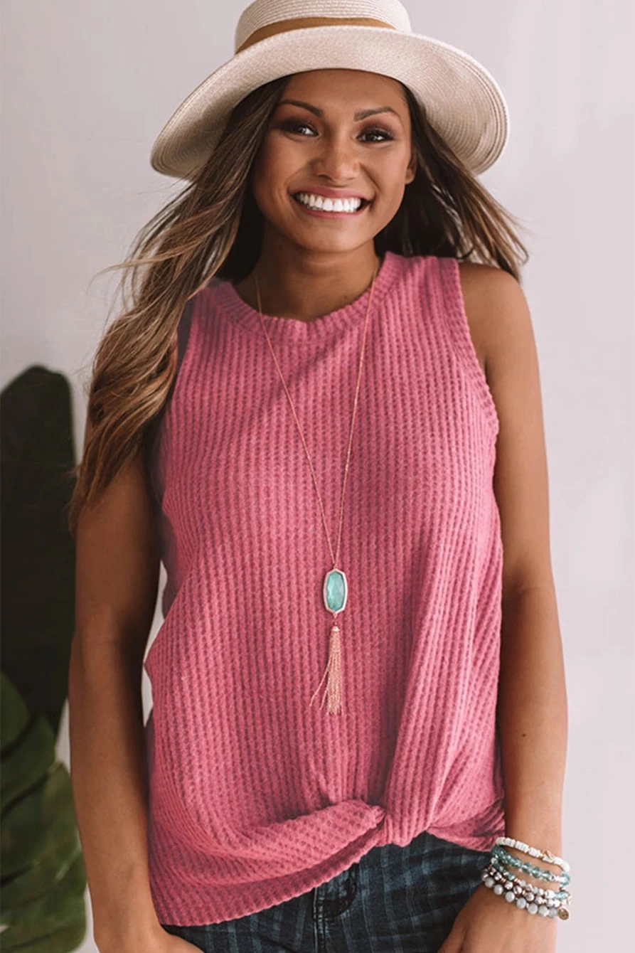 Shewin Women's Red Twist Knot Casual Waffle Knit Tank Top