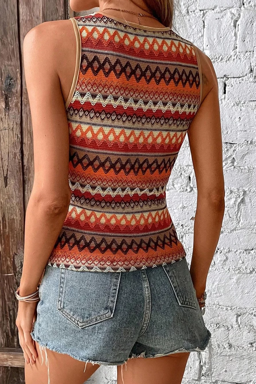 "SheWin Women's Orange Boho Geometric Striped Knit Tank Top - Stylish Summer Casual Wear"