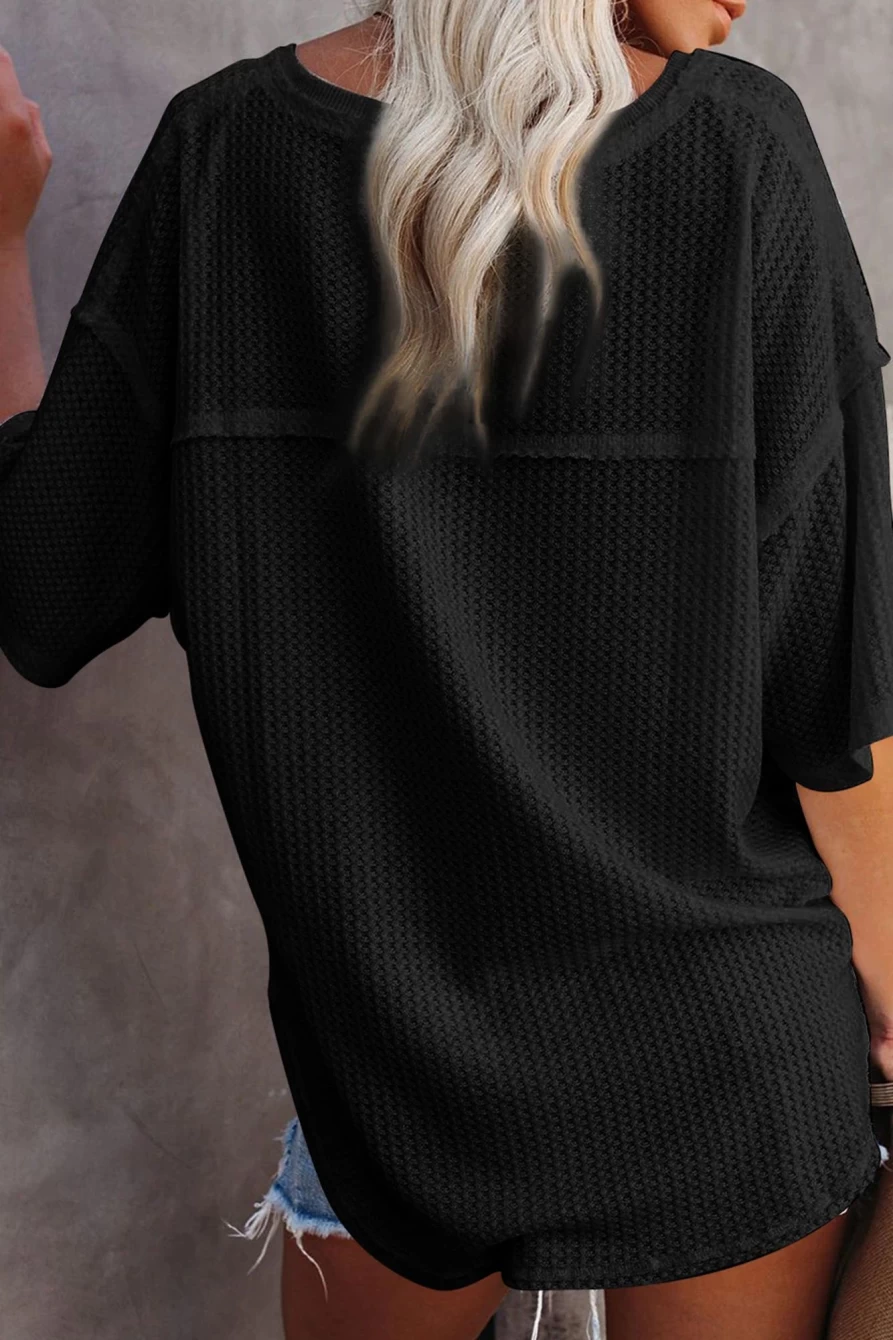 Shewin Women's Black Waffle Knit Drop Shoulder Loose Top Casual Long Sleeve Shirt
