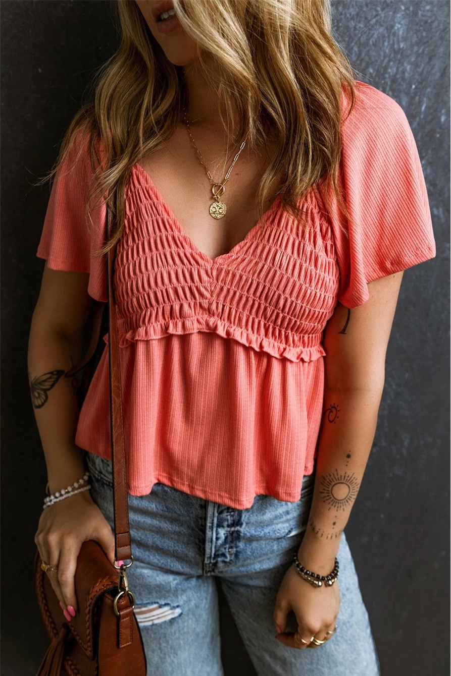 "Shewin Women's Tomato Red Shirred V-Neck Flutter Sleeve Textured Blouse"