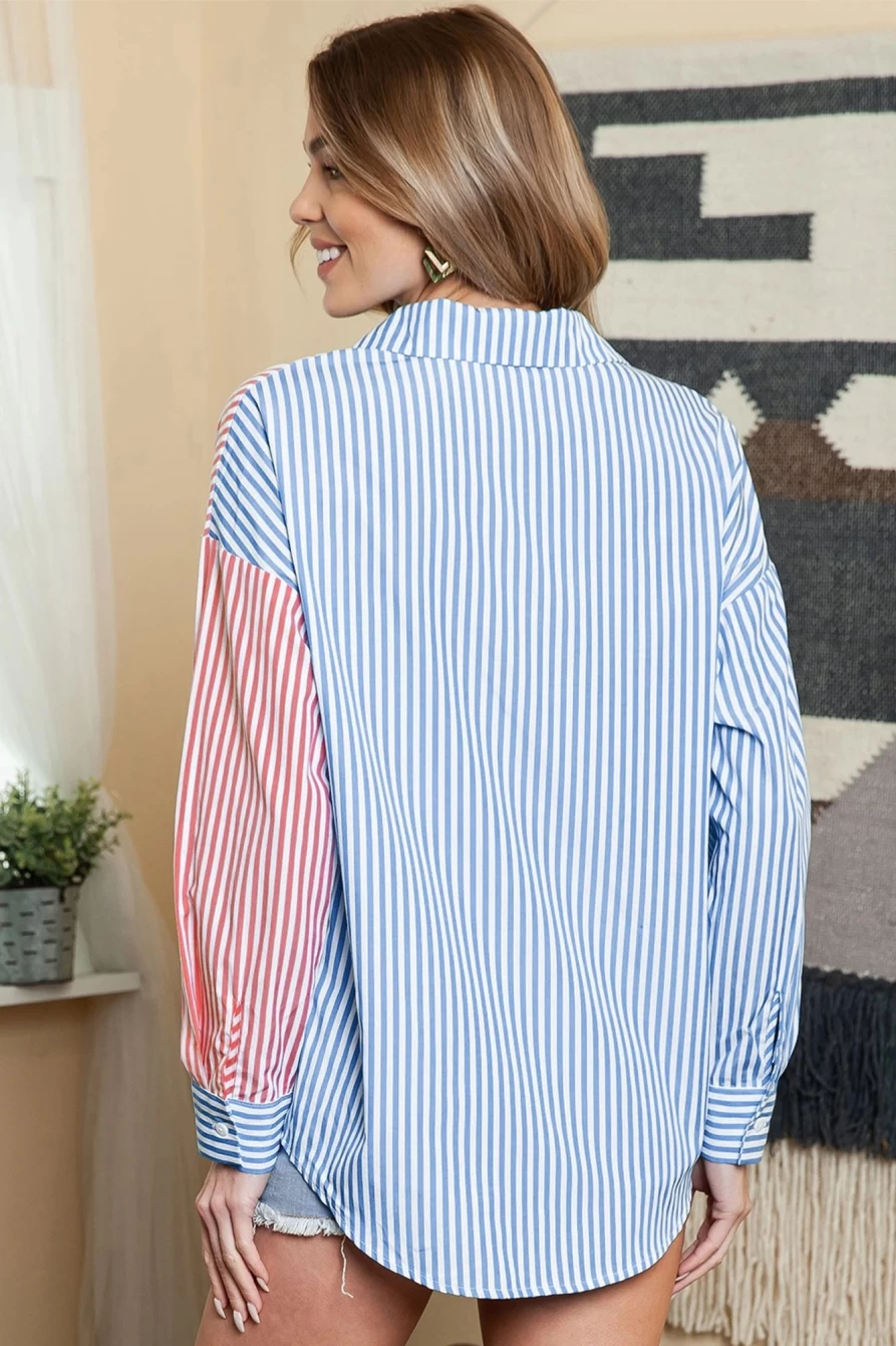 Women's Sky Blue Striped Colorblock Pocket Button-Up Shacket by Shewin