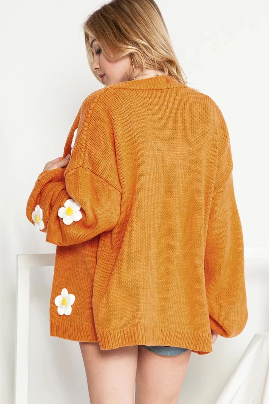 Shewin Women's Light French Beige Cardigan with Floral Applique and Puffy Sleeves