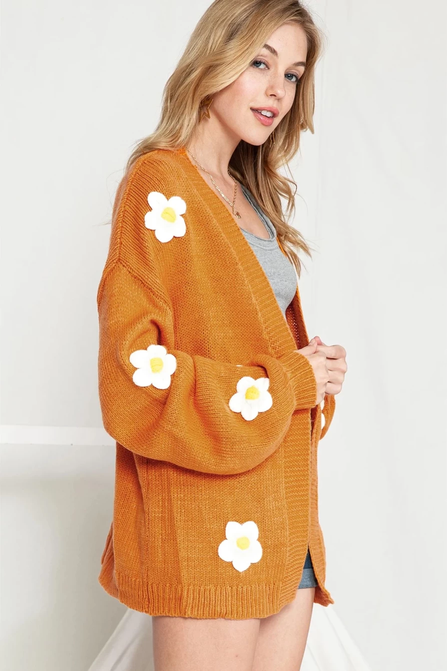 Shewin Women's Light French Beige Cardigan with Floral Applique and Puffy Sleeves