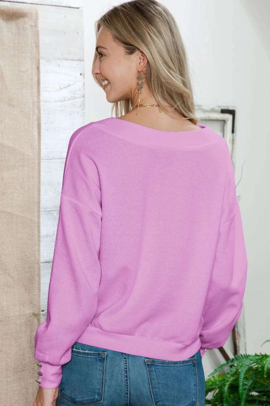 Shewin Women's Purple V-Neck Long Sleeve Shoulder-Down Tops