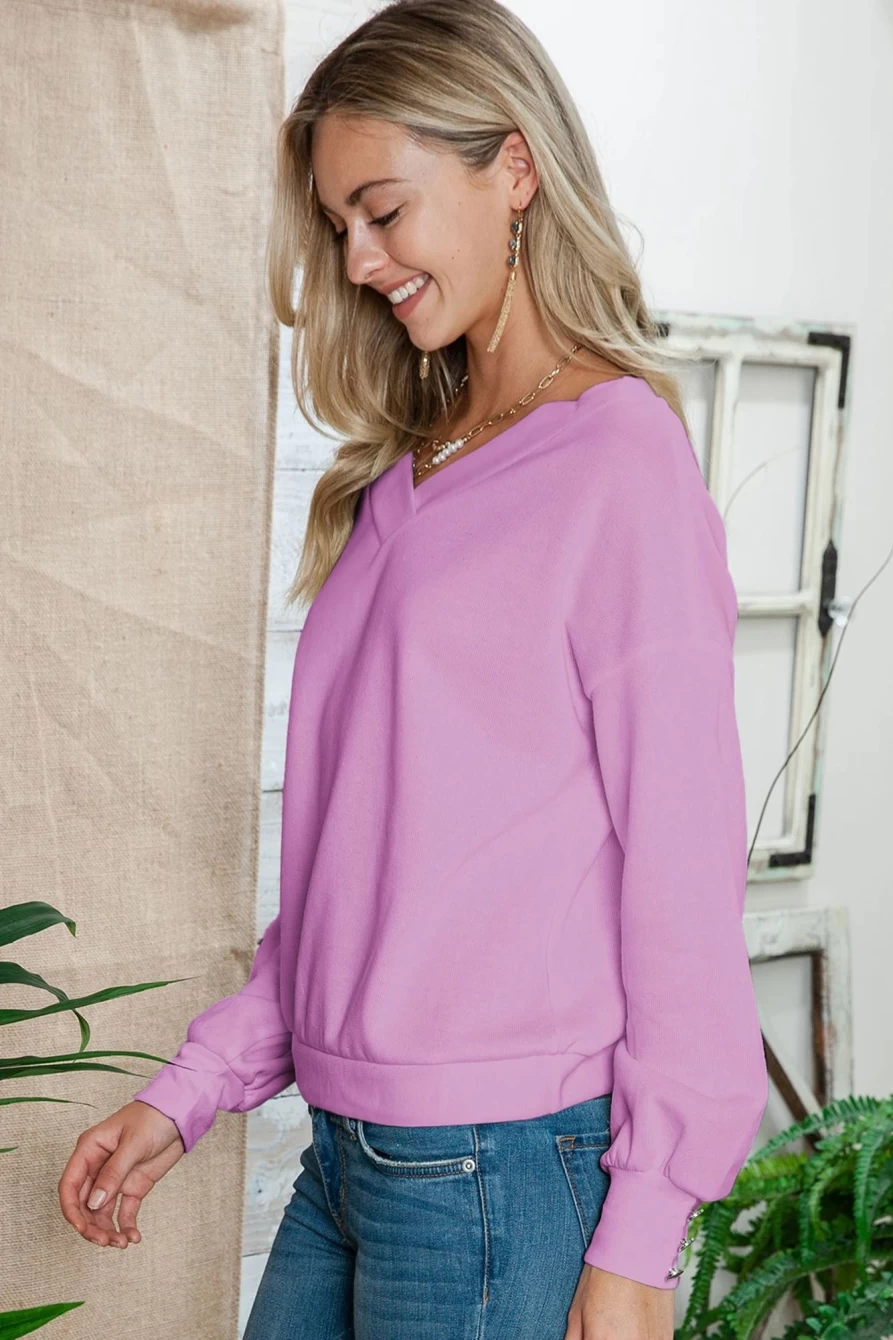 Shewin Women's Purple V-Neck Long Sleeve Shoulder-Down Tops