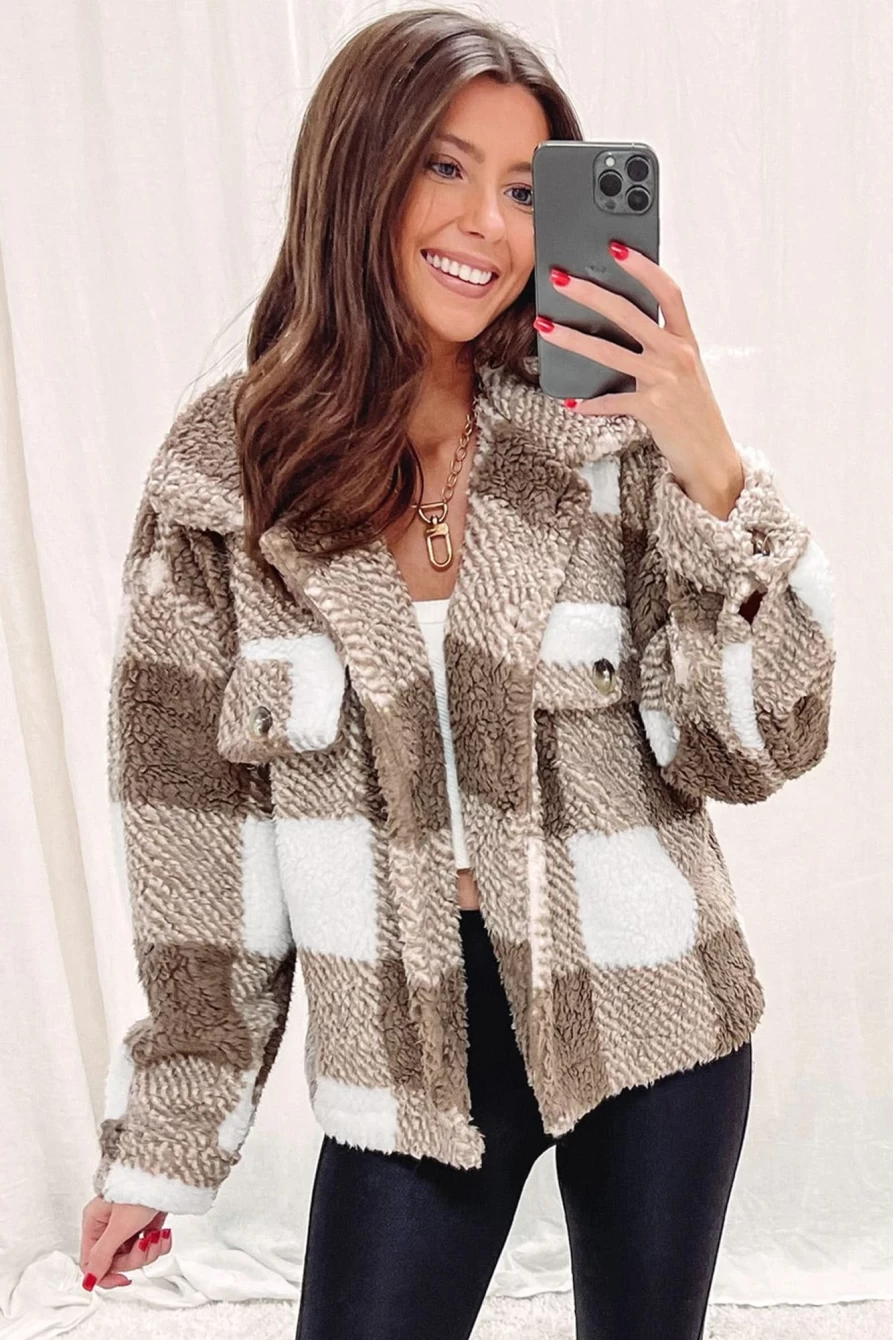 Shewin Women's Khaki Plaid Sherpa Jacket with Buttoned Collar