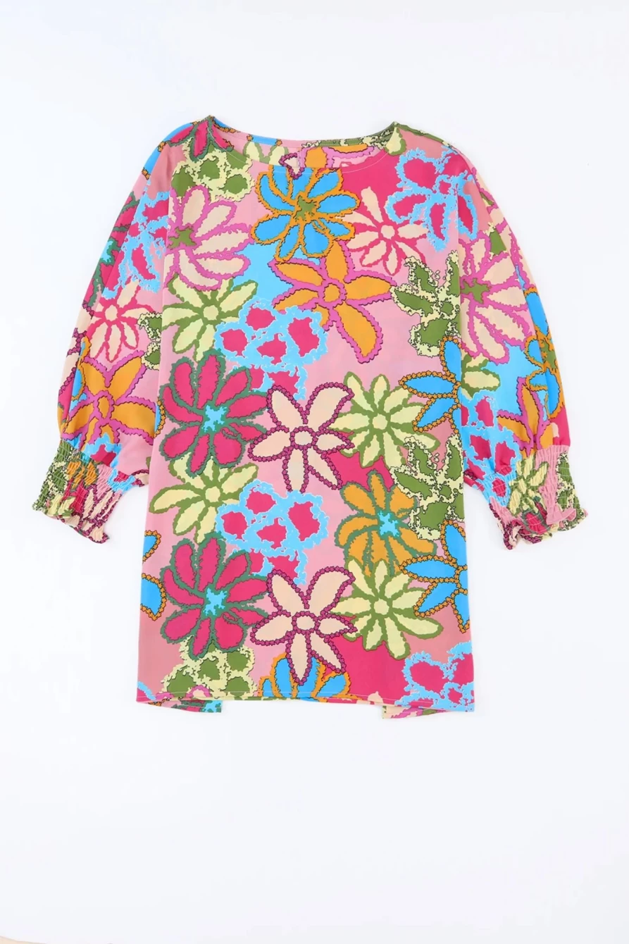 Shewin Women's Pink Floral Print Bracelet Sleeve Blouse