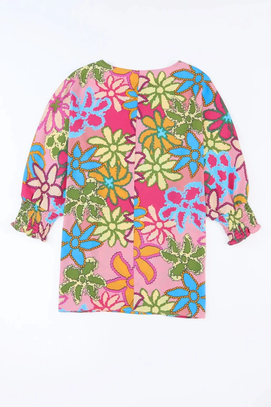 Shewin Women's Pink Floral Print Bracelet Sleeve Blouse