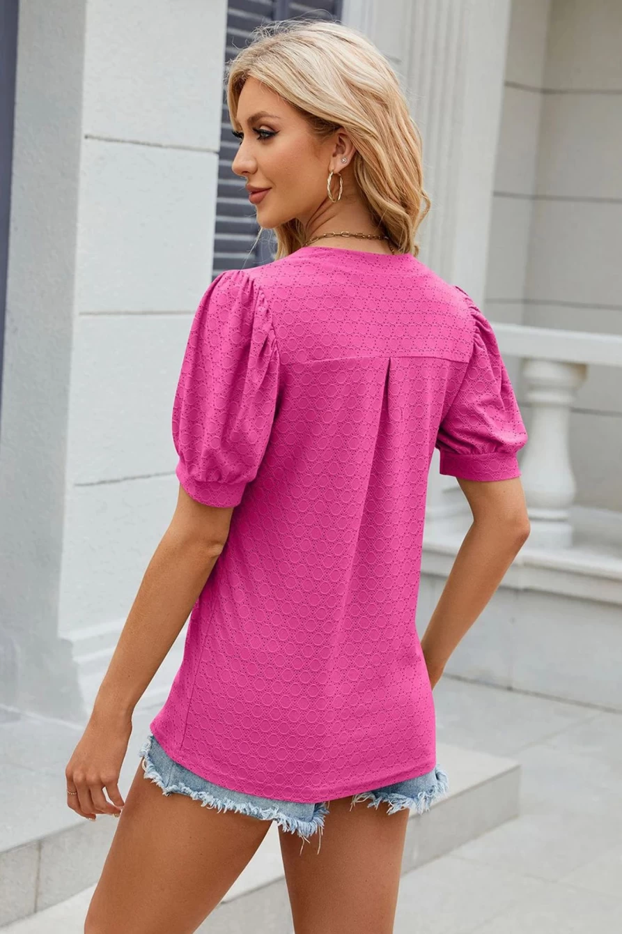 Shewin Women's Rose Red V-Neck Bubble Sleeve Textured Top