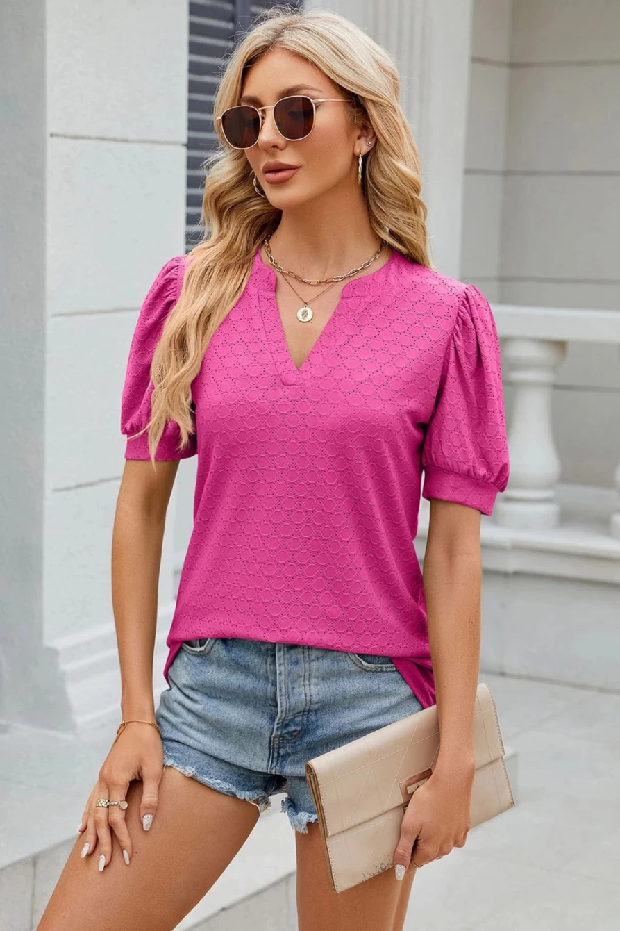 Shewin Women's Rose Red V-Neck Bubble Sleeve Textured Top