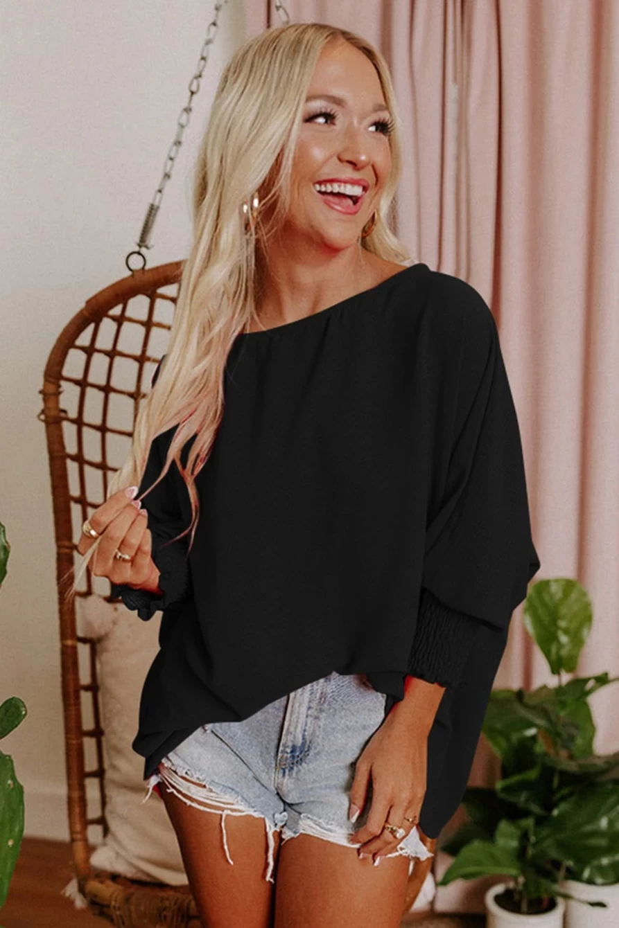Shewin Women's Black Batwing Sleeve Blouse - Elegant Business Casual Top