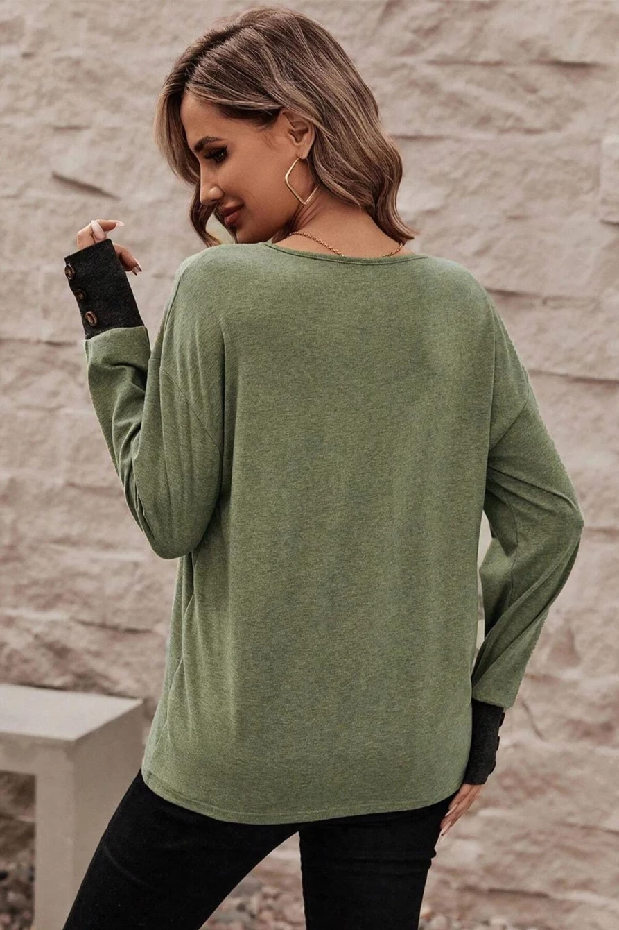 Shewin Women's Moss Green Contrast V-Neck Long Sleeve Top with Button Decor