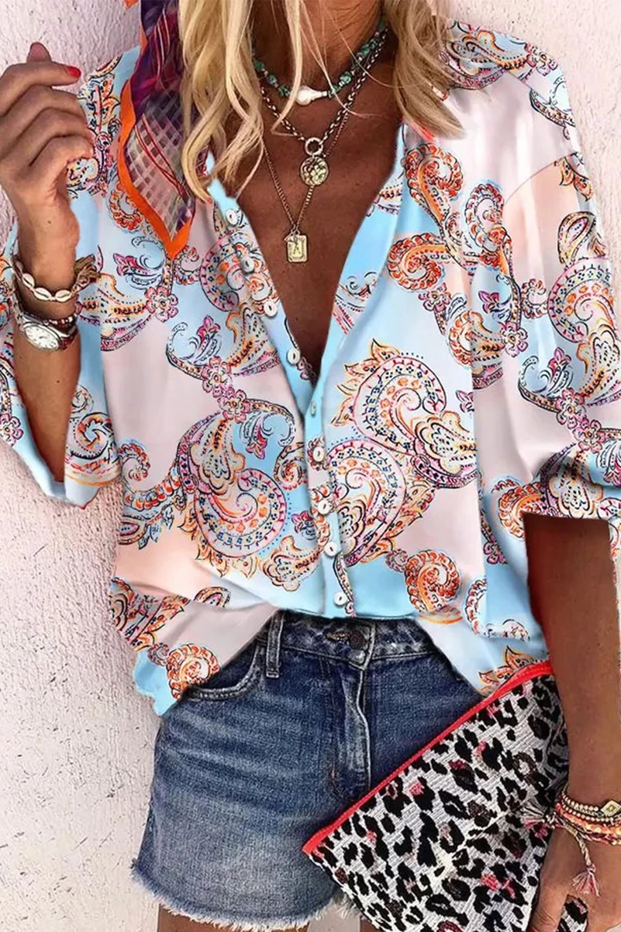 "Shewin Women's Sky Blue Boho Paisley Print Lantern Sleeve Button-Down Shirt"