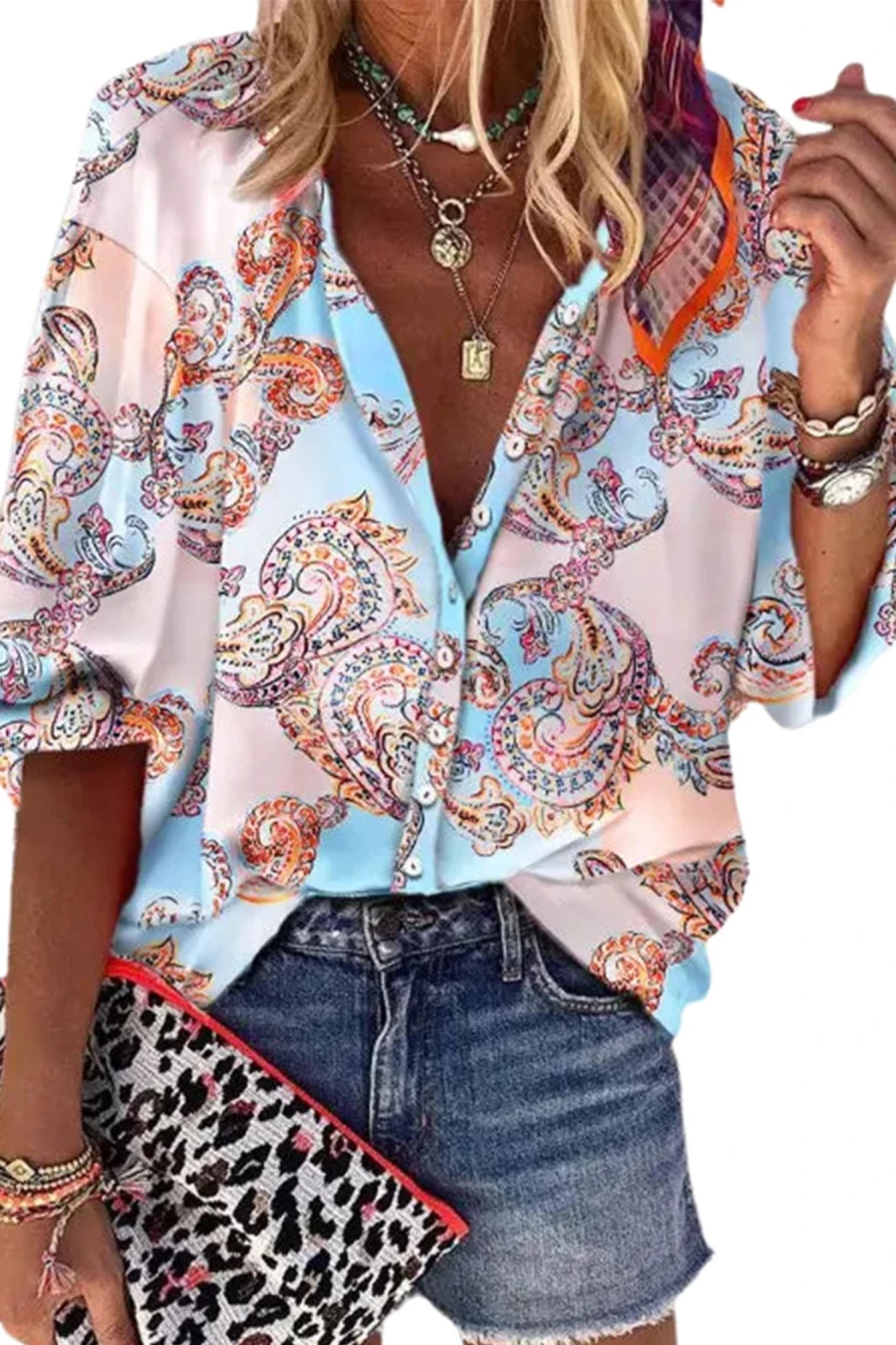 "Shewin Women's Sky Blue Boho Paisley Print Lantern Sleeve Button-Down Shirt"