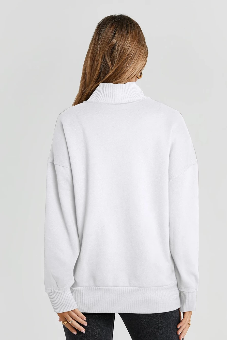 Women's White Ribbed Trim Snap Button Collar Kangaroo Pocket Sweatshirt by Shewin