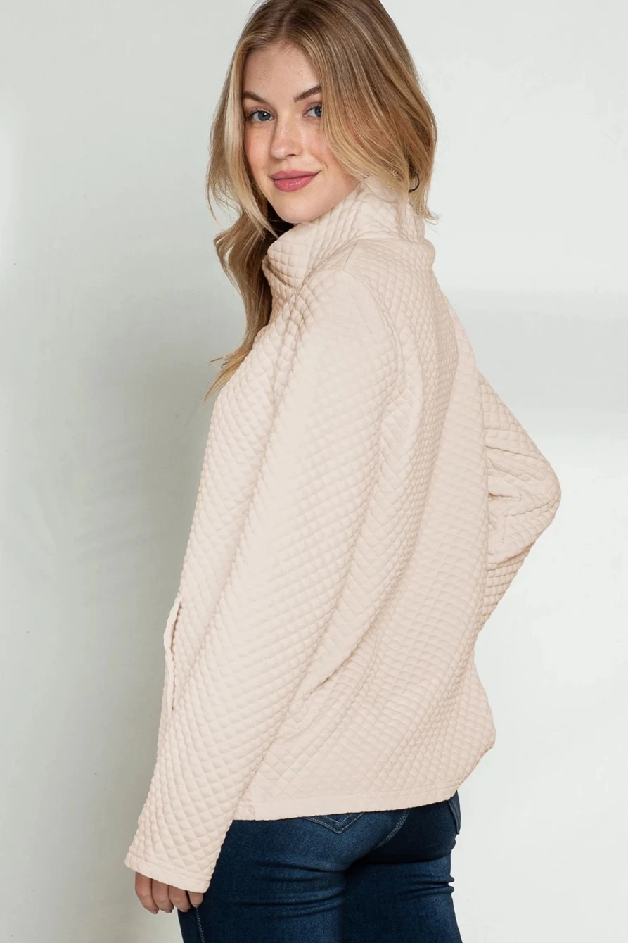 Shewin Women's Apricot Quilted High Neck Kangaroo Pocket Sweatshirt - Cozy Draped Pullover