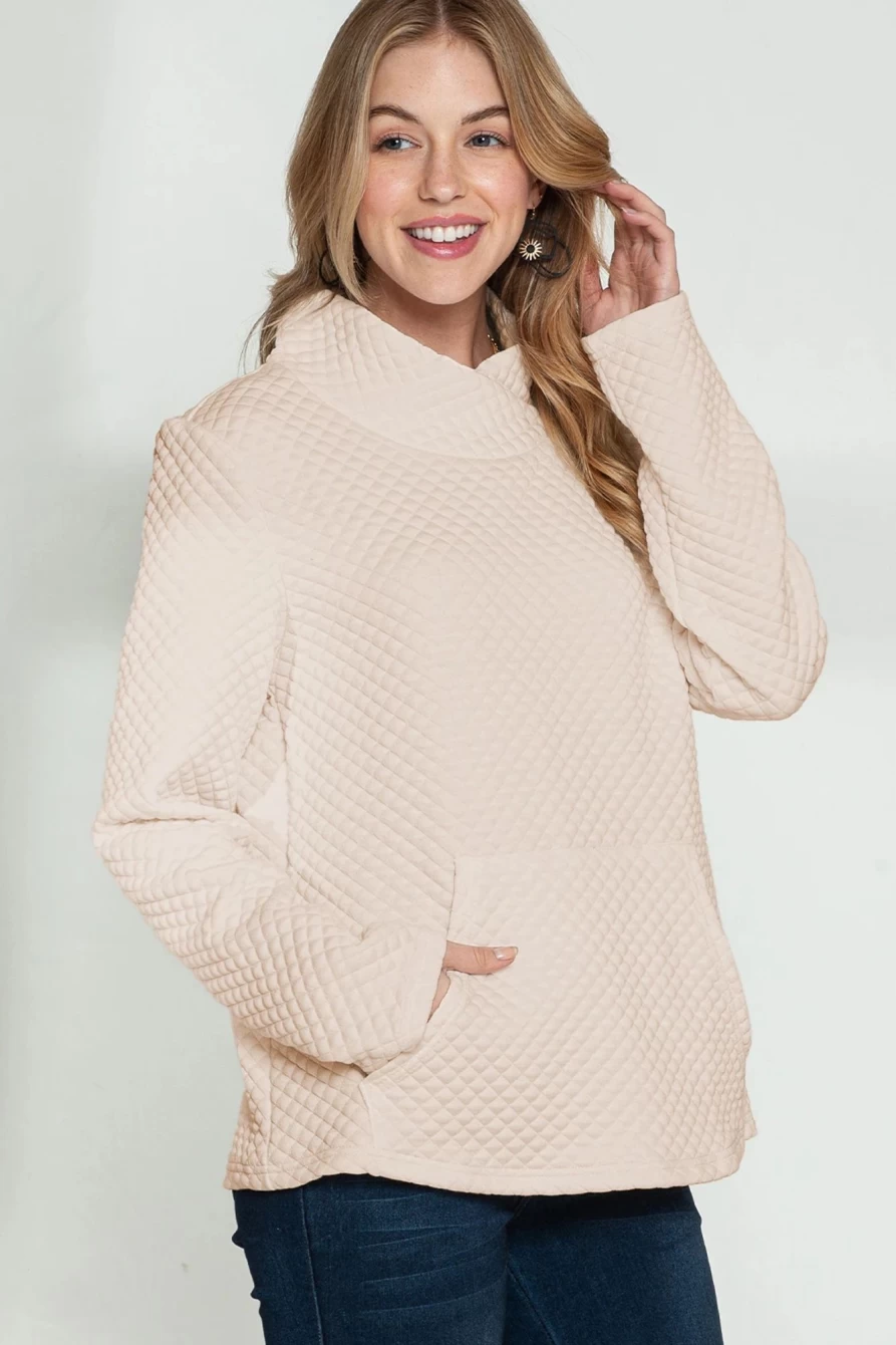 Shewin Women's Apricot Quilted High Neck Kangaroo Pocket Sweatshirt - Cozy Draped Pullover