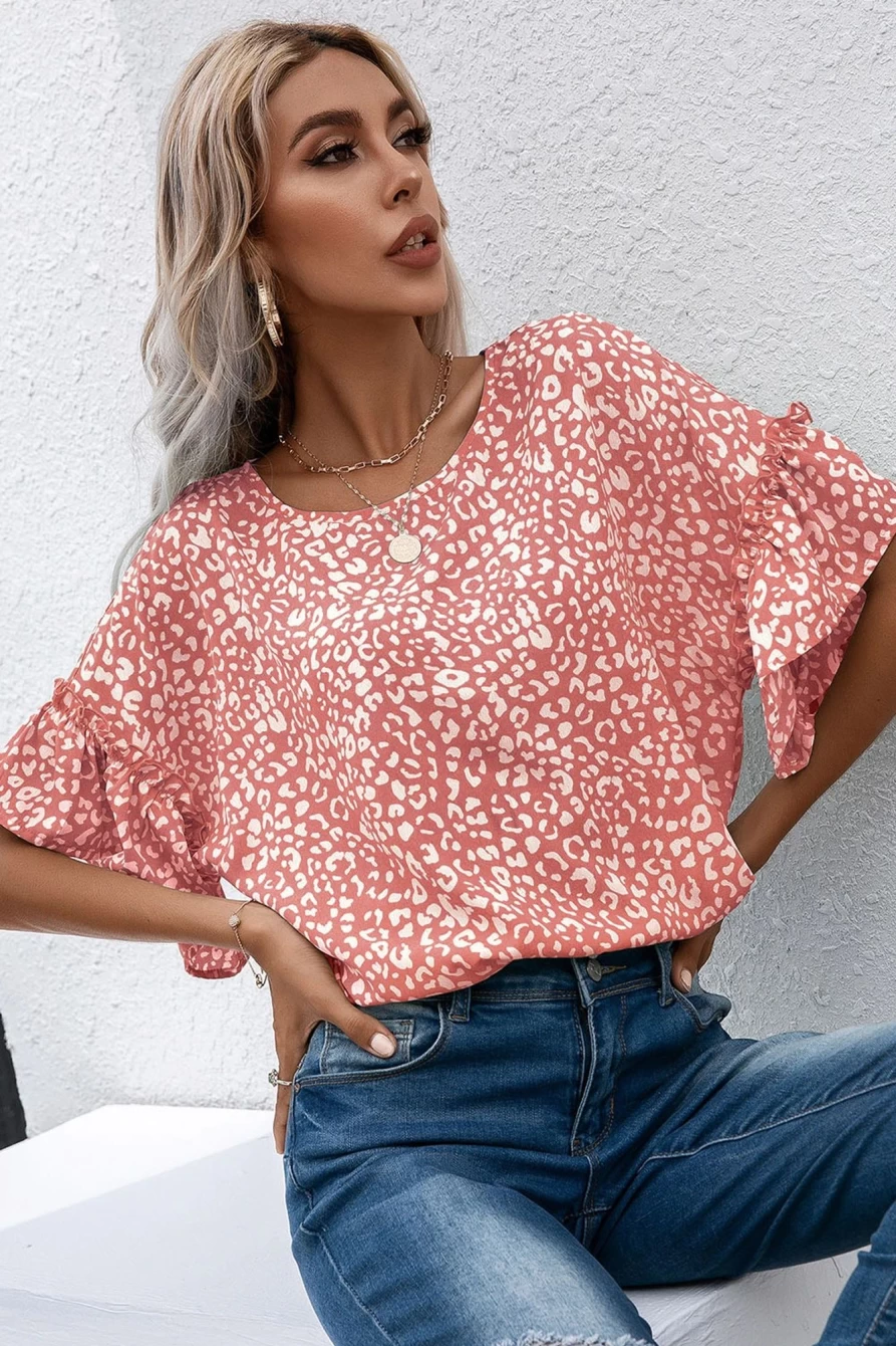 Shewin Women's Pink Leopard Print Blouse with Flounce Sleeves Casual Top