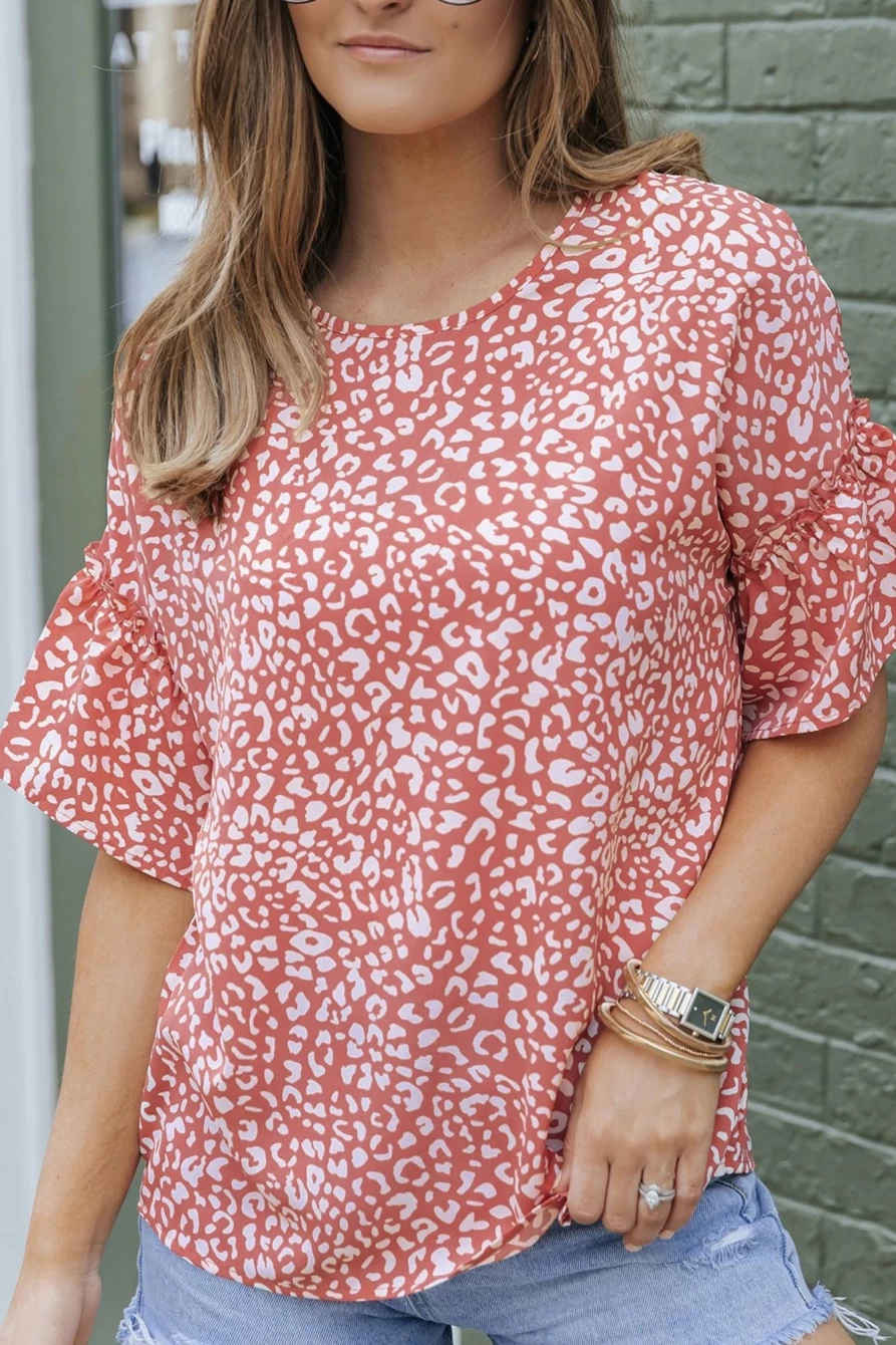 Shewin Women's Pink Leopard Print Blouse with Flounce Sleeves Casual Top