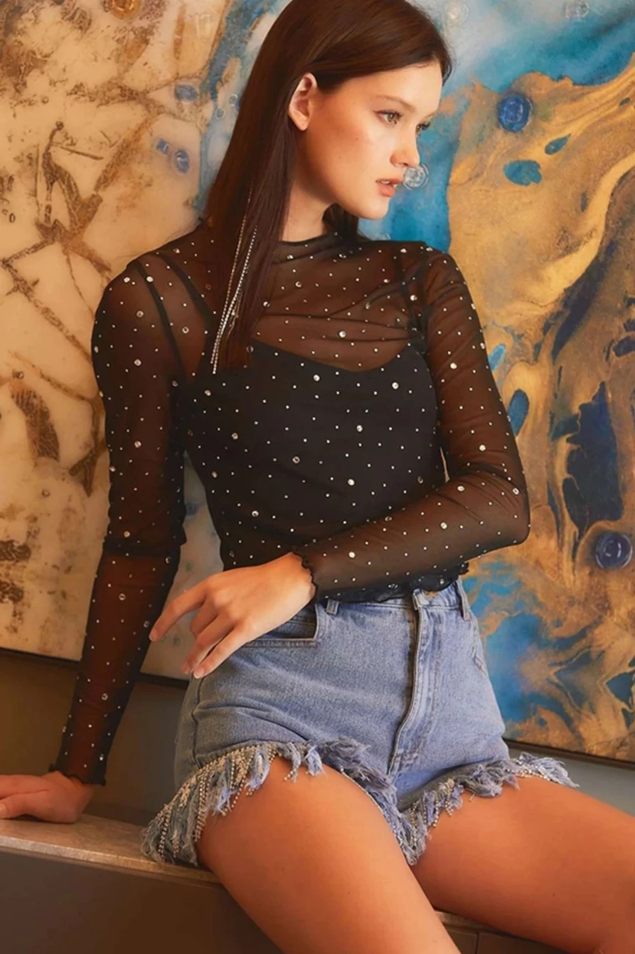 Shewin Women's Black Rhinestone Cropped Mesh Top