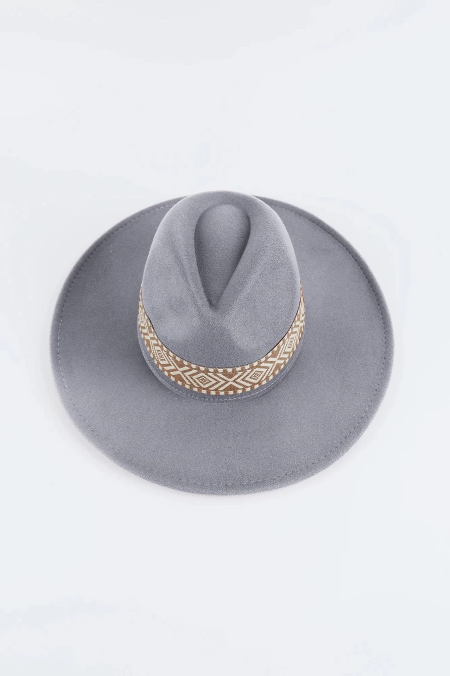 Shewin Women's Gray Geometric Print Patchwork Flat Brim Woven Hat