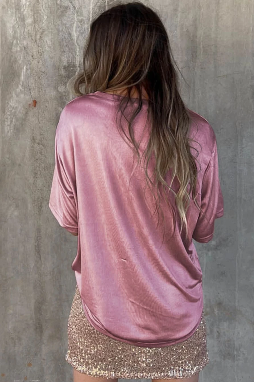 Women's Pink Loose Fit T-Shirt with Chest Pocket - Shewin Casual Comfort Top
