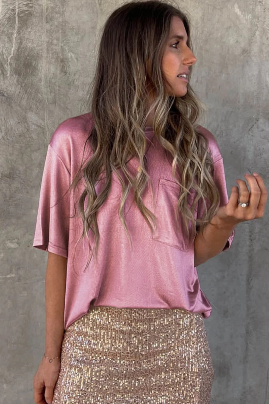 Women's Pink Loose Fit T-Shirt with Chest Pocket - Shewin Casual Comfort Top