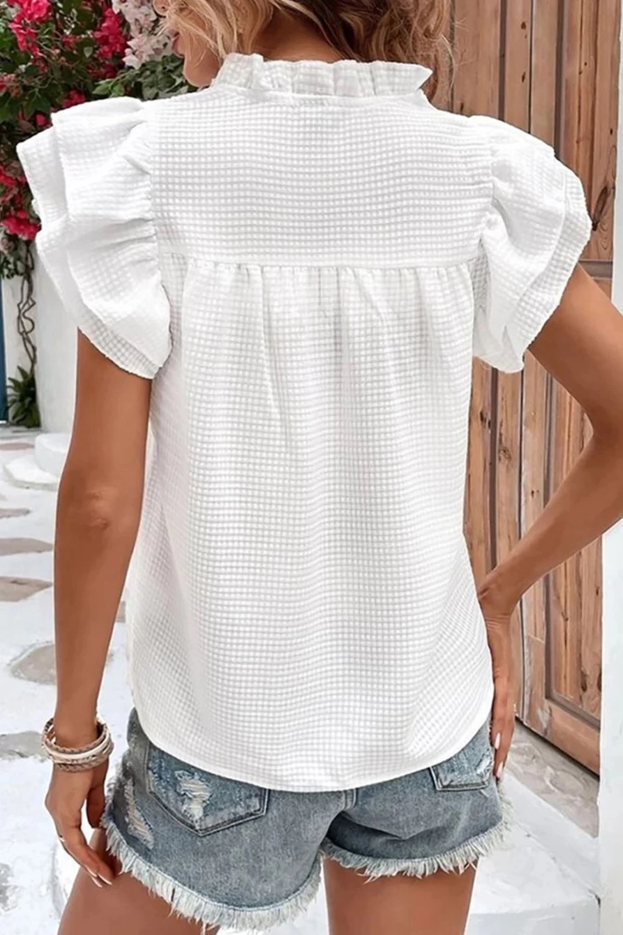 Shewin Women's White Basic Textured Tiered Blouse with Ruffle Sleeves