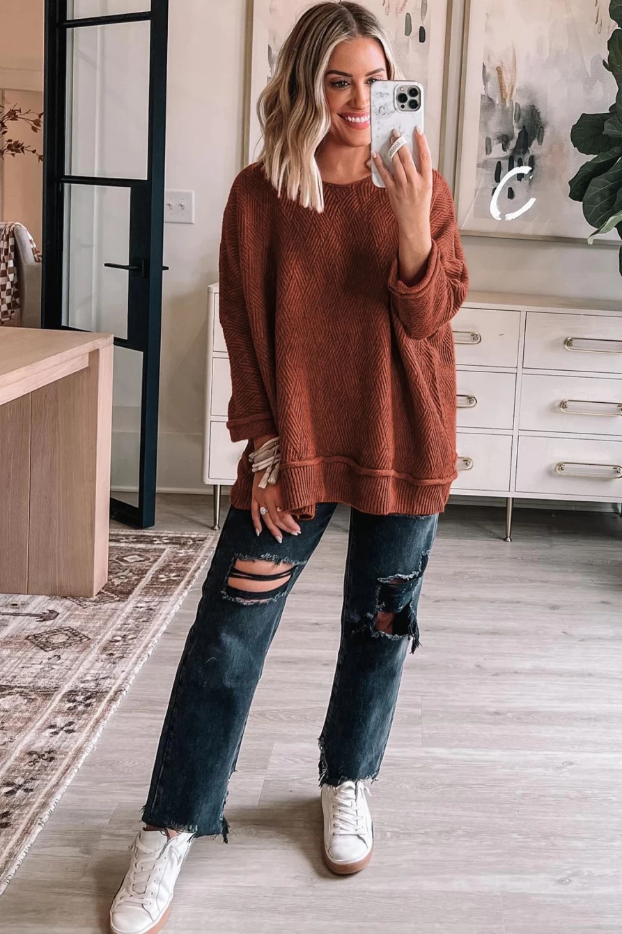 Women's Gold Flame Loose Knit Sweater - Shewin Textured Round Neck Pullover