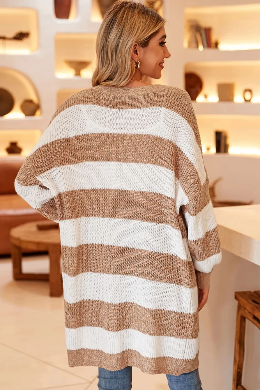 Shewin Women's Khaki Striped Colorblock Rib Knit Bubble Sleeve Long Cardigan