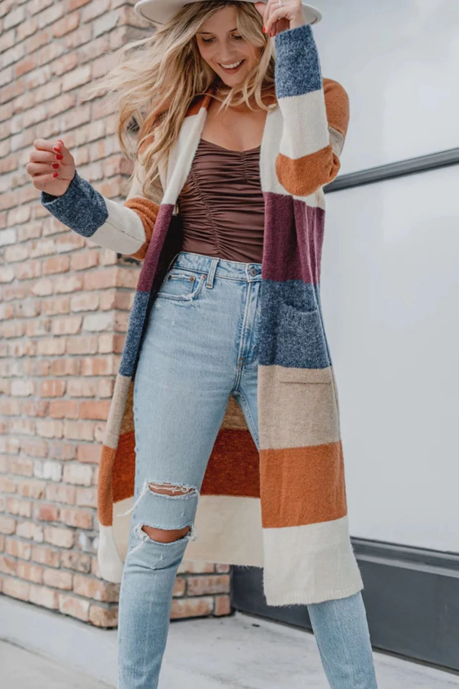 Shewin Women's Multicolor Knitted Color Block Long Cardigan Open Front Sweater Coat