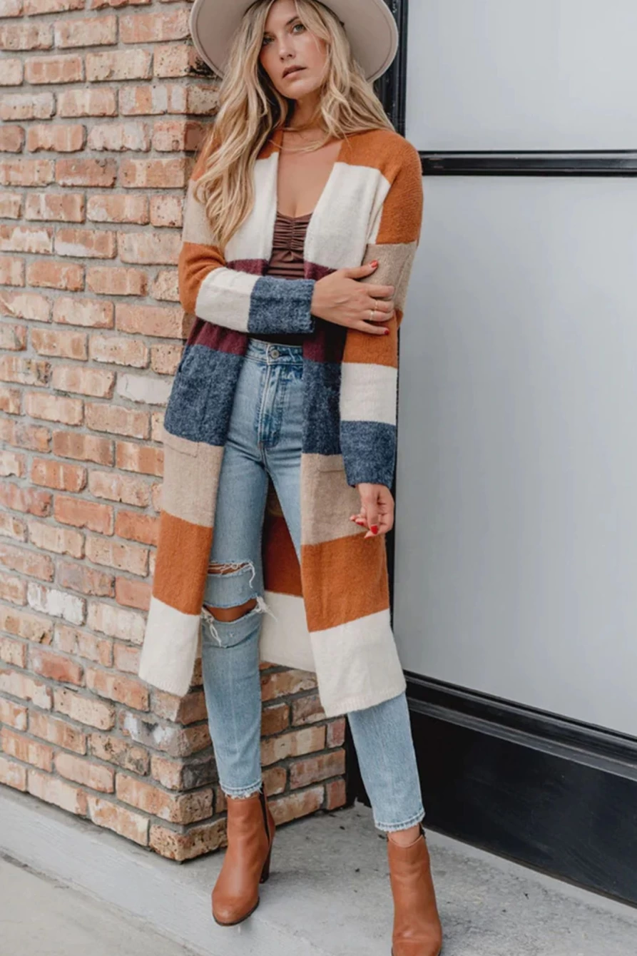 Shewin Women's Multicolor Knitted Color Block Long Cardigan Open Front Sweater Coat