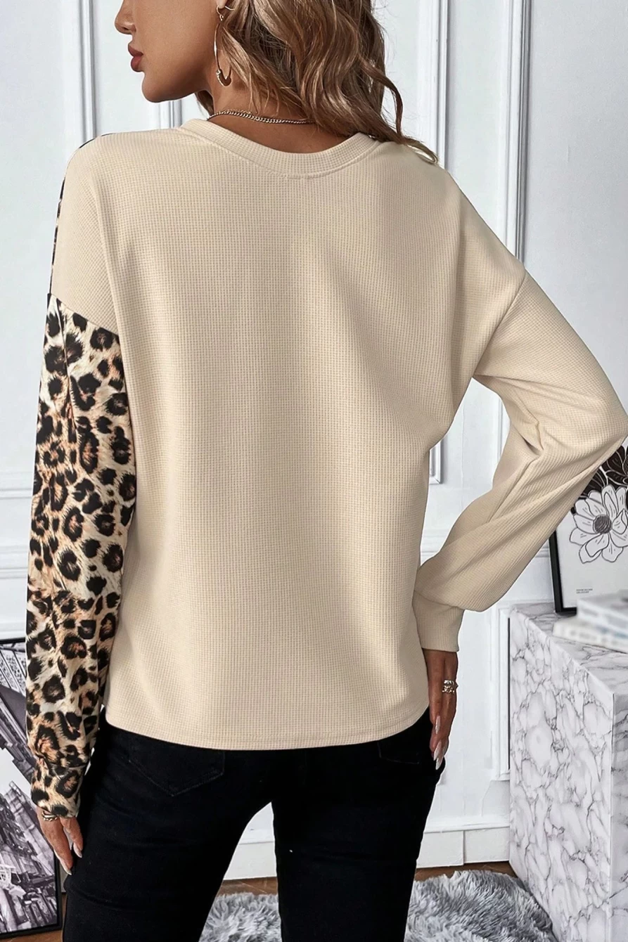 Shewin Women's Pale Khaki Leopard Print Waffle Knit Long Sleeve Casual Top