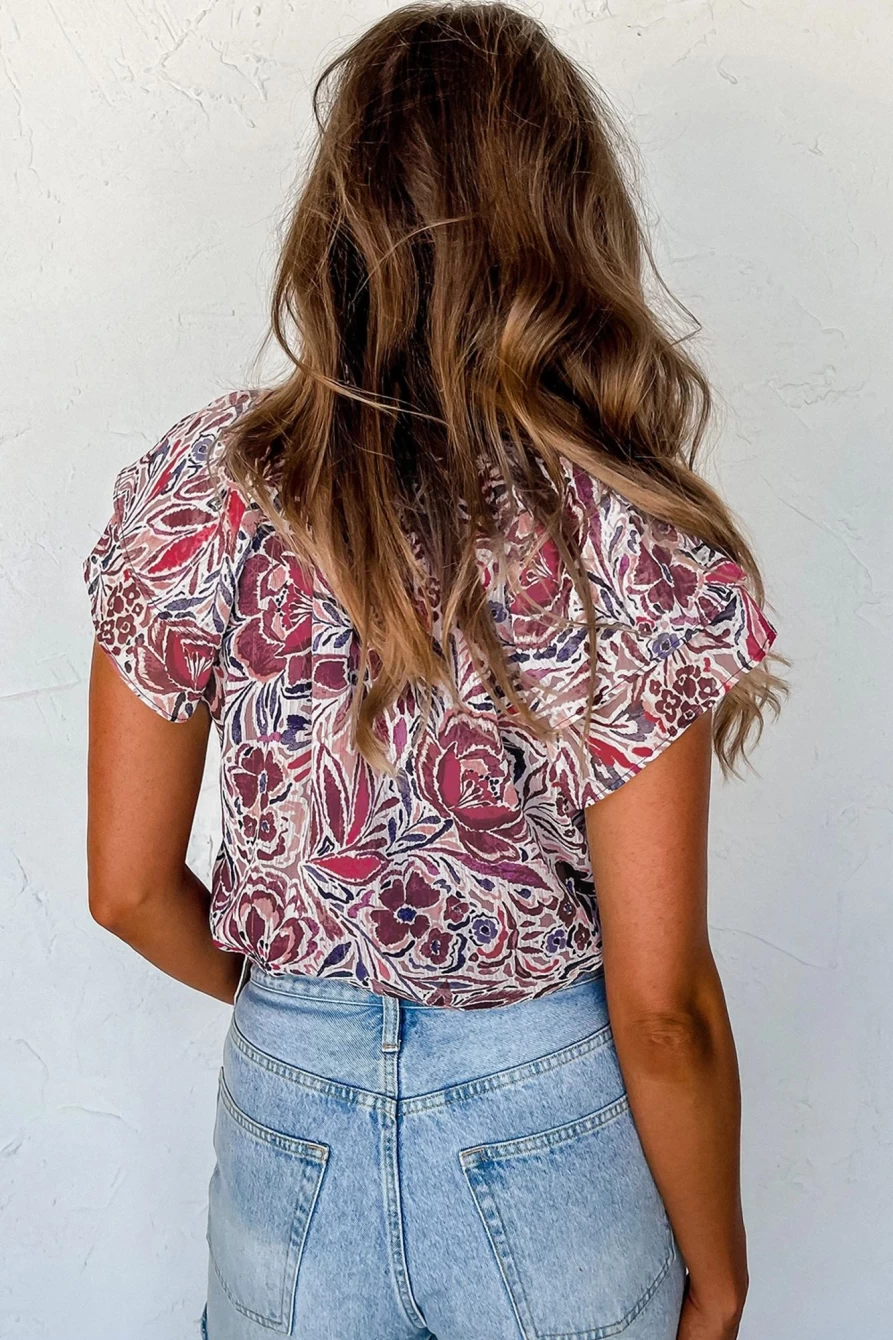 Shewin Women's White Floral Ruffled V-Neck Blouse Short Sleeve Top