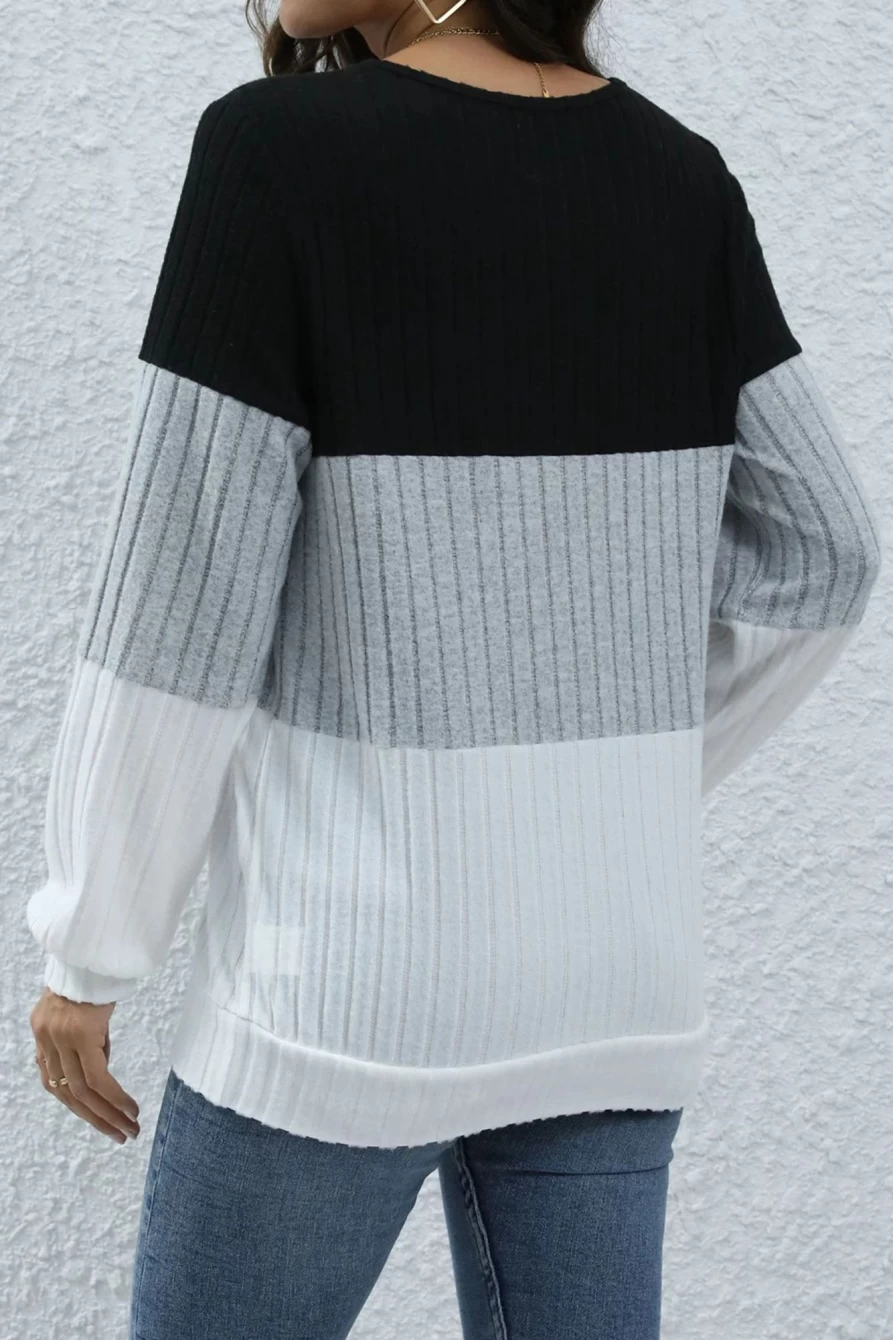 Shewin Women's Multicolor Textured Color Block Pullover Sweatshirt with Zipper Detail