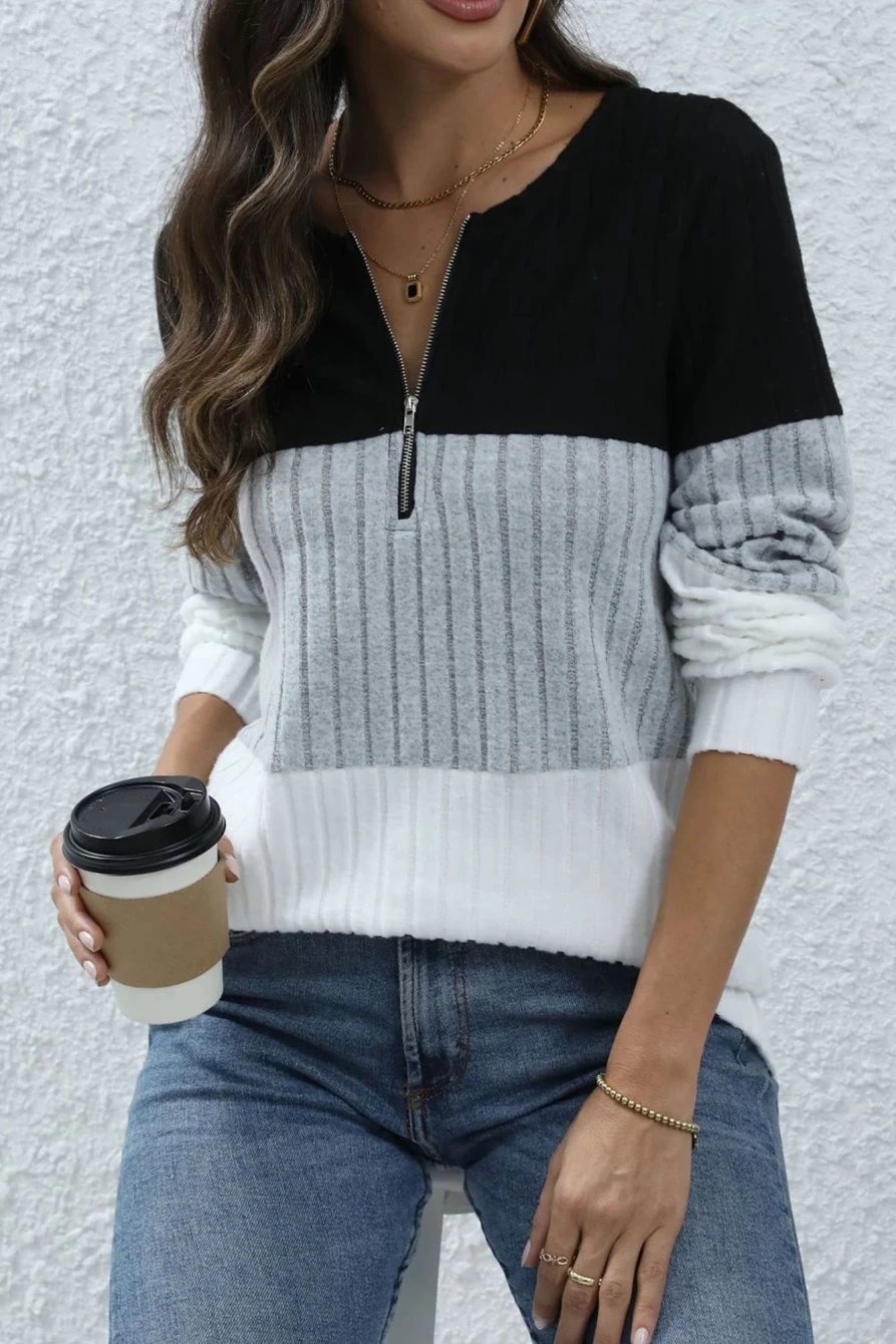 Shewin Women's Multicolor Textured Color Block Pullover Sweatshirt with Zipper Detail