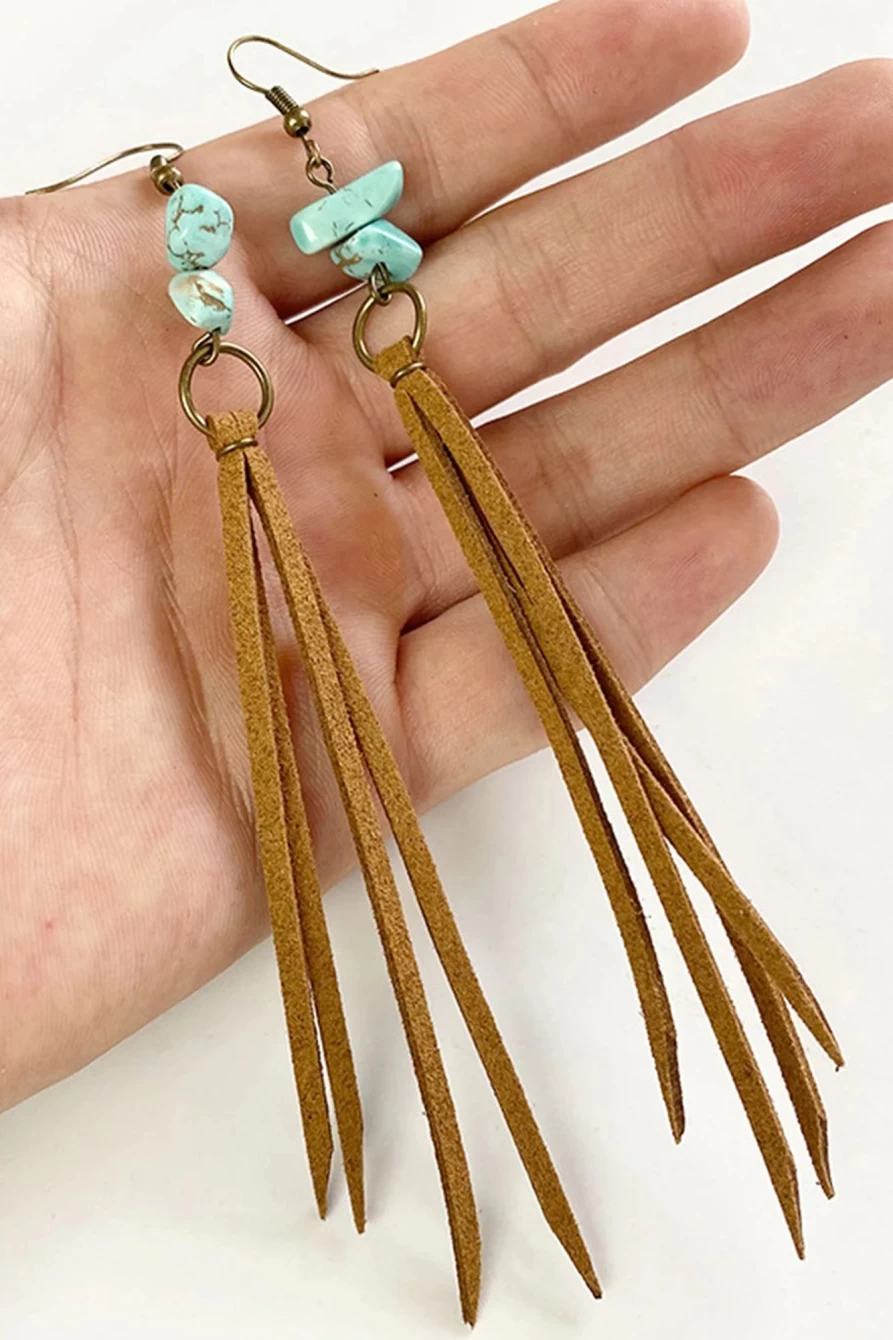 Shewin Vintage Brown Turquoise Tassel Drop Earrings for Women