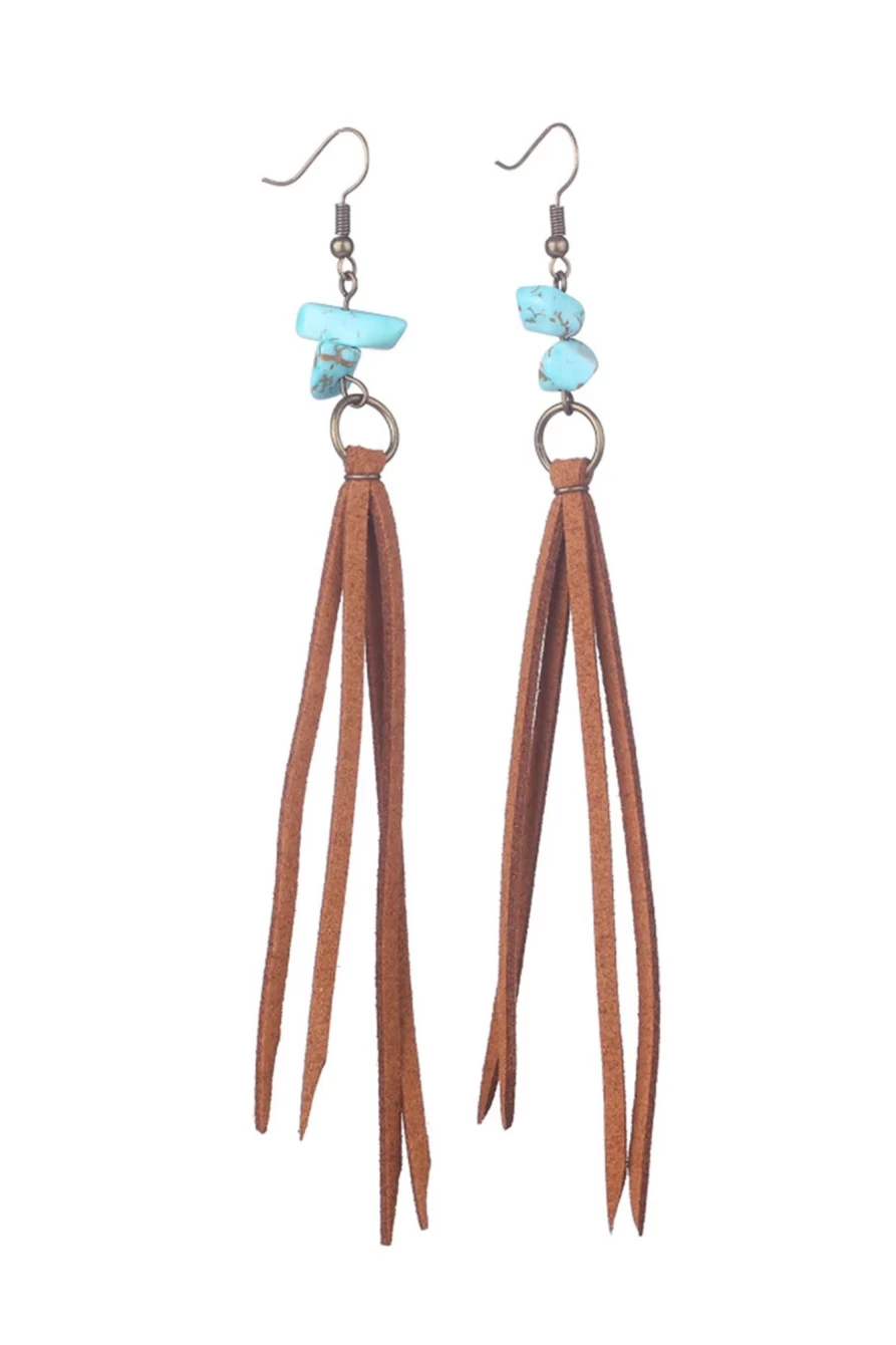 Shewin Vintage Brown Turquoise Tassel Drop Earrings for Women