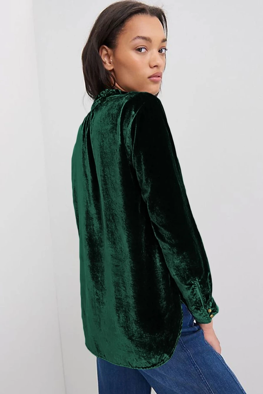 Shewin Women's Blackish Green Velvet Top with Frilled Neck & Button Front