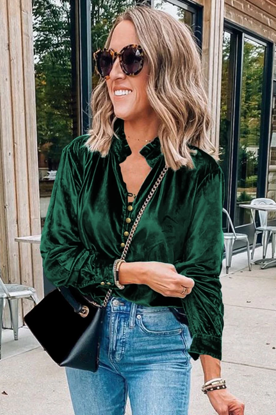 Shewin Women's Blackish Green Velvet Top with Frilled Neck & Button Front