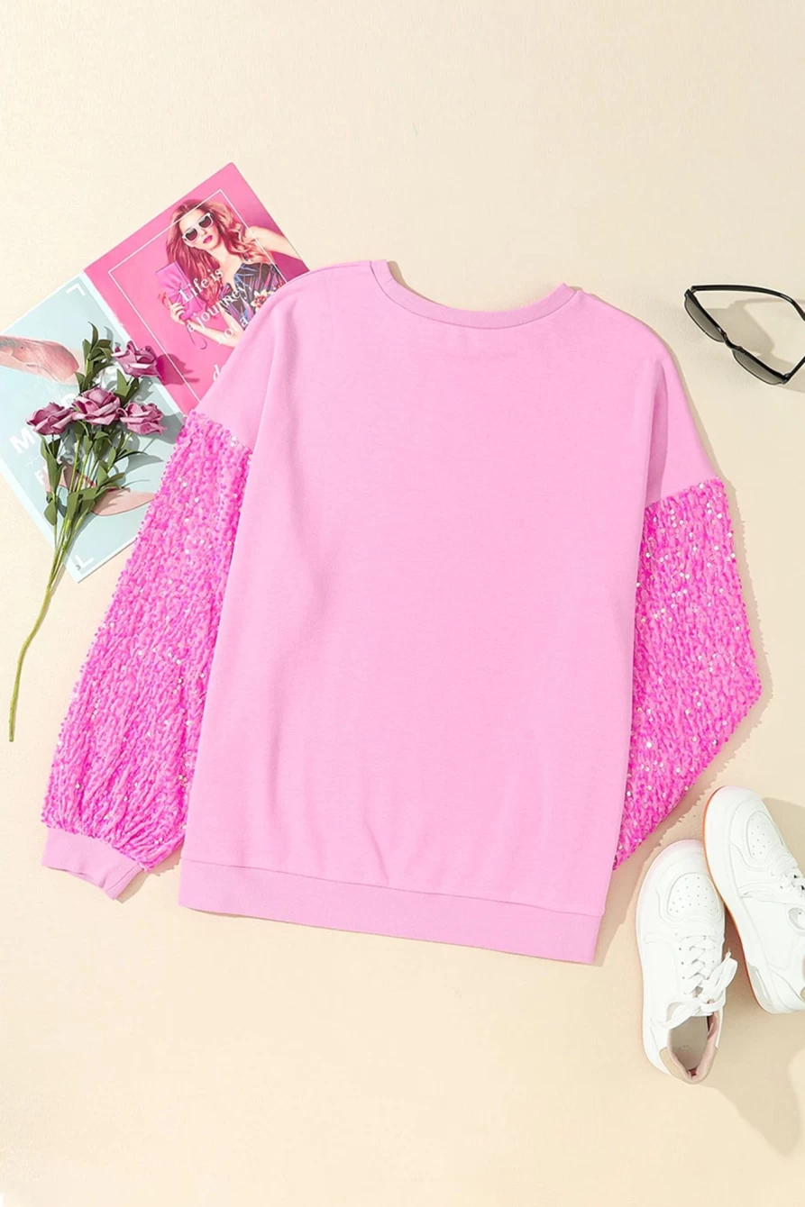 Shewin Women's Pink Christmas Tree Graphic Sweatshirt with Sequined Sleeves Holiday Party Top