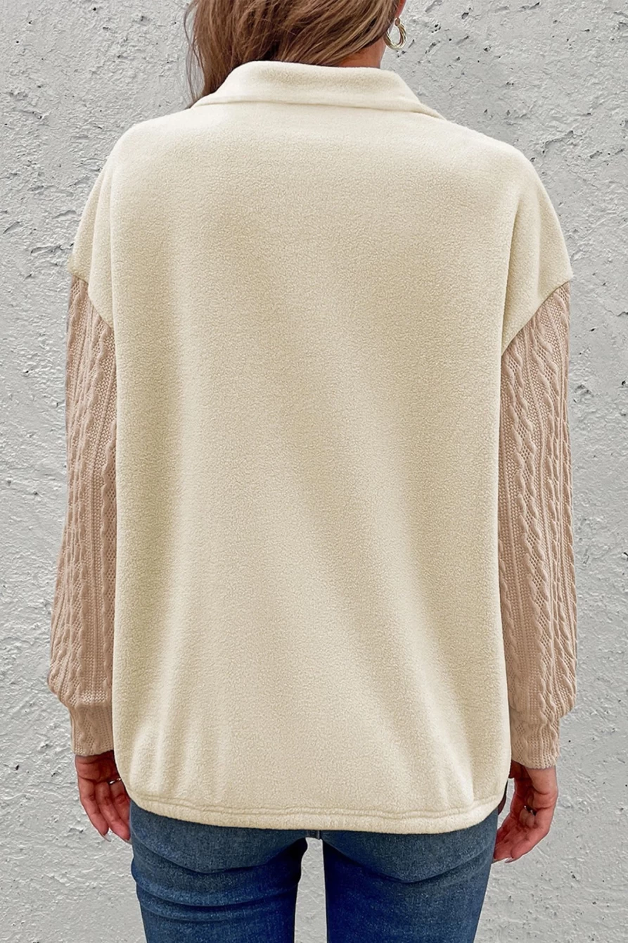 Women's Beige Half Zip Textured Patchwork Sleeve Drop Shoulder Sweatshirt by Shewin