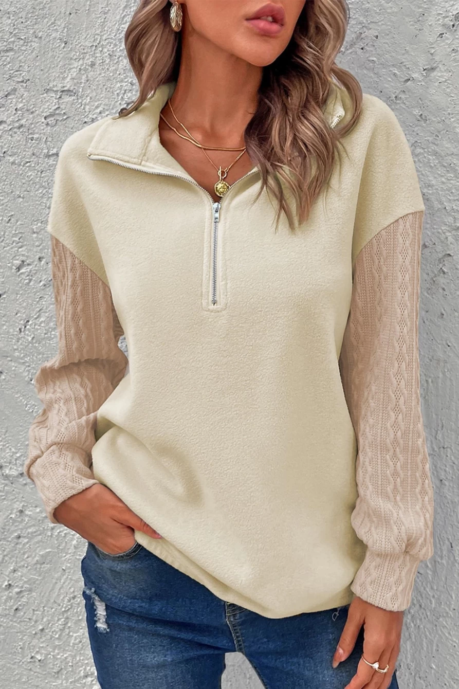 Women's Beige Half Zip Textured Patchwork Sleeve Drop Shoulder Sweatshirt by Shewin