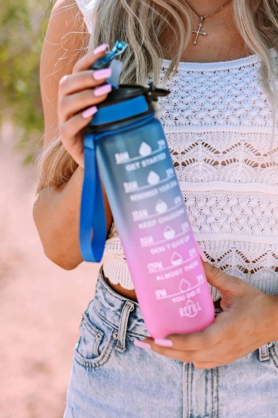 Shewin 1L Multicolor Gradient Water Bottle for Women - Outdoor Sports & Straw Lifting Rope Design