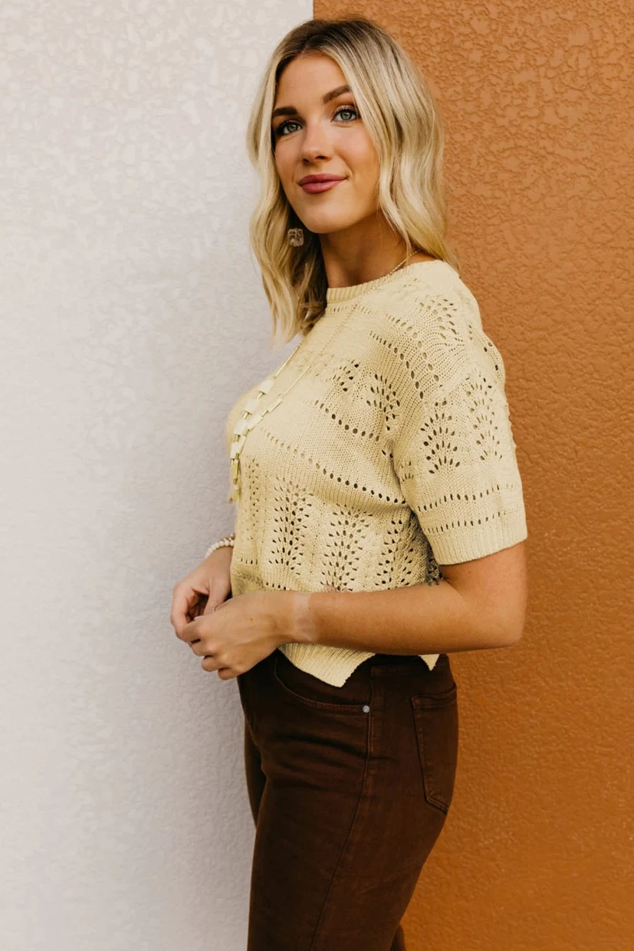 Shewin Women's Beige Hollow Out Cropped Short Sleeve Sweater
