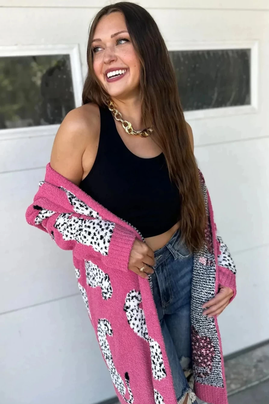 "SheWin Women's Rose Red Animal Print Open Front Cardigan"