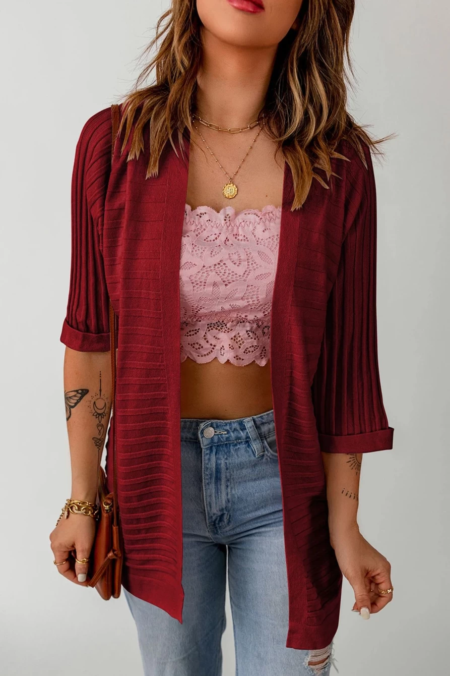Women's Red Ribbed Open Front Knit Cardigan - Shewin Half Sleeve Stylish Cover-Up
