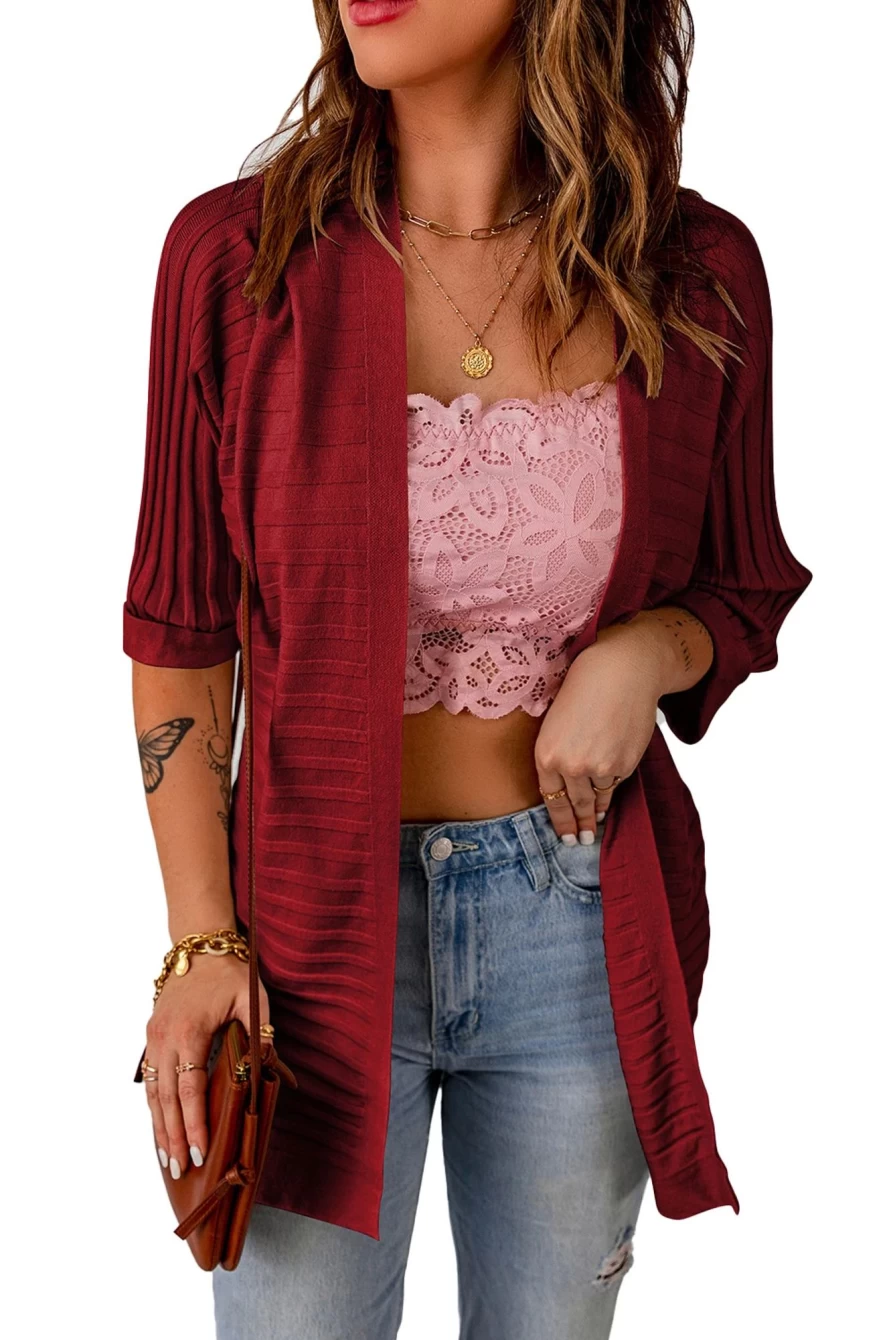 Women's Red Ribbed Open Front Knit Cardigan - Shewin Half Sleeve Stylish Cover-Up