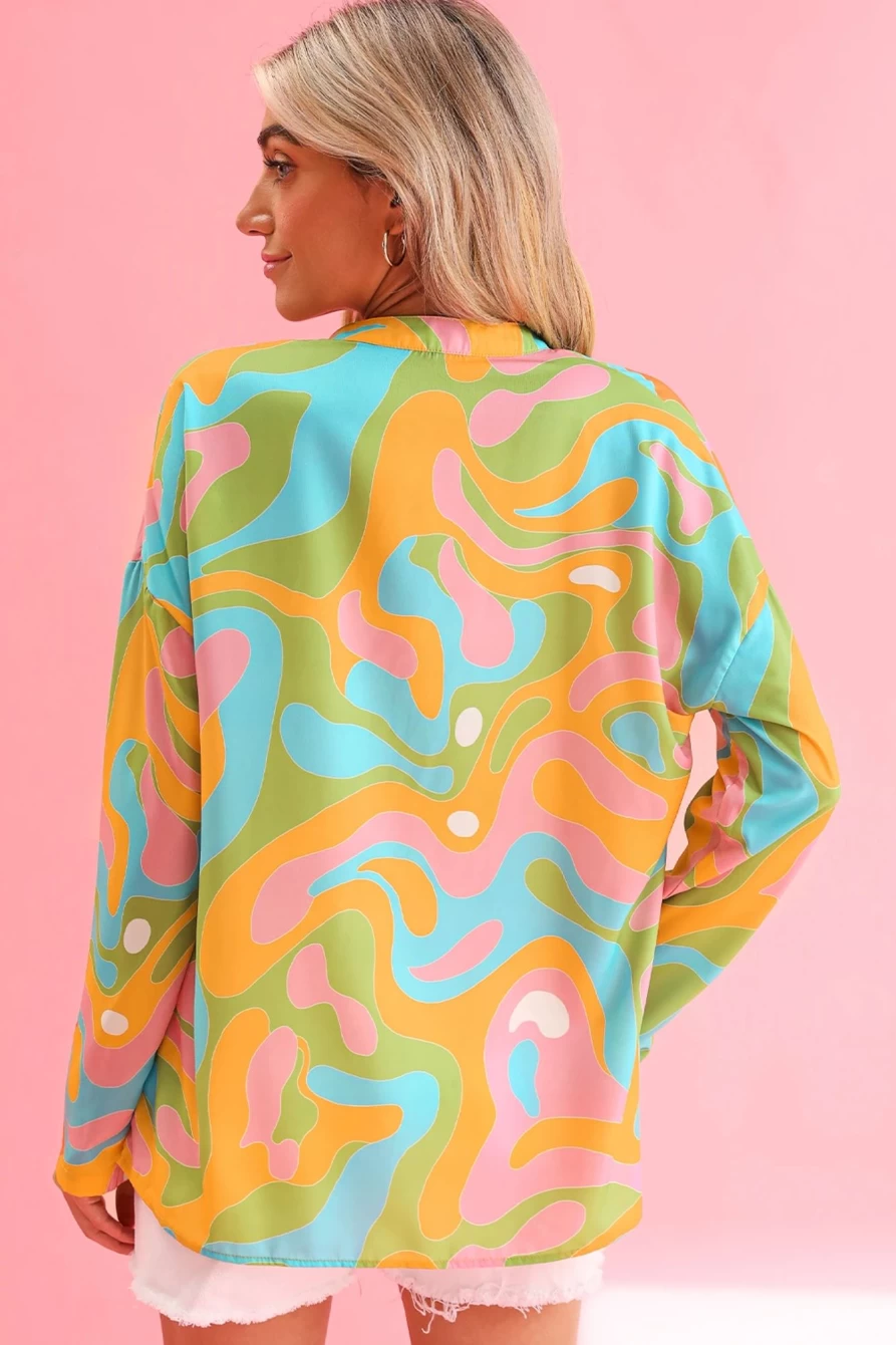 "Shewin Women's Multicolour Abstract Print V-Neck Long Sleeve Blouse"