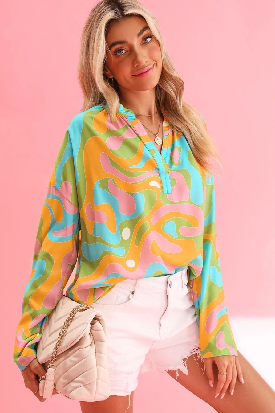 "Shewin Women's Multicolour Abstract Print V-Neck Long Sleeve Blouse"